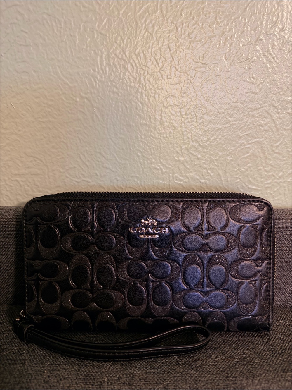 Coach Black Embossed Sparkle Signature Wristlet Wallet